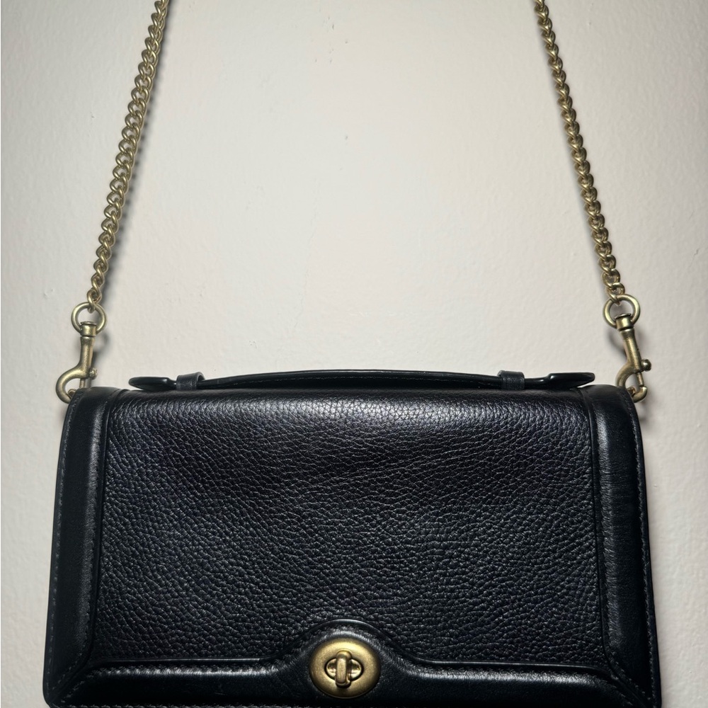 Coach Black Leather Crossbody with Gold Chain